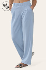 High Waisted Plicated Side Pocket Wide Leg Work Pants in Blue side
