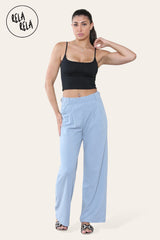 High Waisted Plicated Side Pocket Wide Leg Work Pants in Blue front