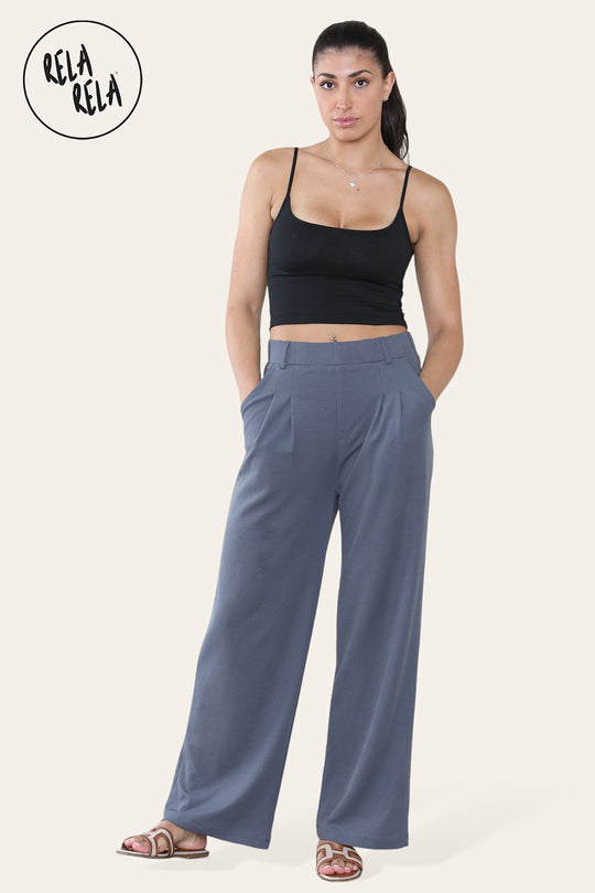 High Waisted Plicated Side Pocket Wide Leg Work Pants in Charcoal