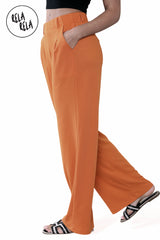 High Waisted Plicated Side Pocket Wide Leg Work Pants in Orange side