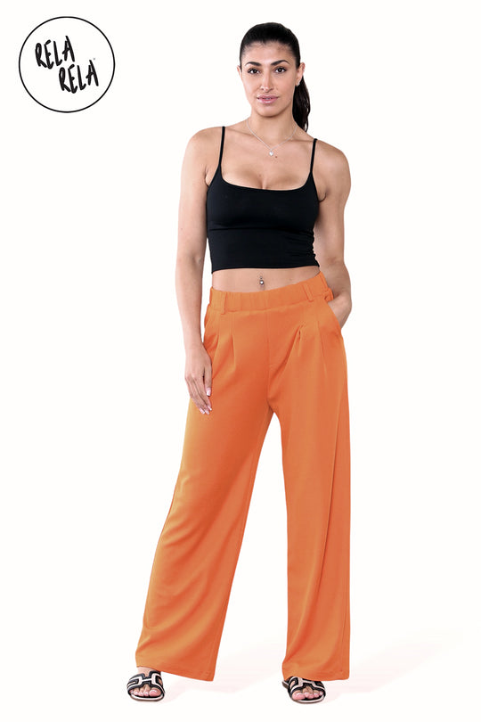 High Waisted Plicated Side Pocket Wide Leg Work Pants in Orange