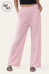 High Waisted Plicated Side Pocket Wide Leg Work Pants in Rose Pink front 2
