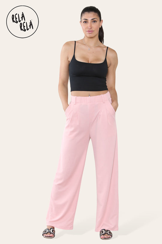 High Waisted Plicated Side Pocket Wide Leg Work Pants in Rose Pink