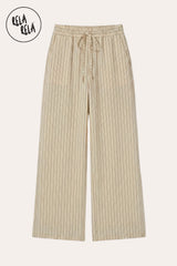 Flat lay of RELA RELA Beige pinstripe trousers, showing the soft tonal pinstripe weave on warm sandy ground, elastic waistband and relaxed wide-leg silhouette on a clean white background.
