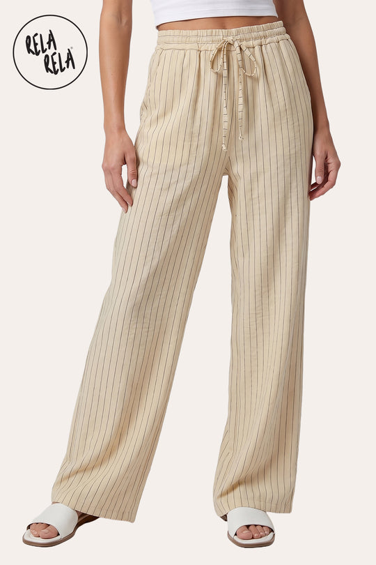 Elastic Waistband Relaxed Fit Pinstripe Trousers in Beige