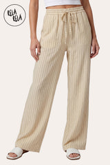 Front view of a model wearing RELA RELA Beige pinstripe relaxed-fit trousers, with an elasticated high-rise waistband, side pockets and a full-length wide-leg drape on a clean white backdrop.