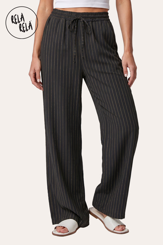 Elastic Waistband Relaxed Fit Pinstripe Trousers in Black