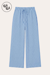Flat lay of RELA RELA Blue pinstripe trousers, showing the soft sky-blue pinstripe weave on airy pale ground, elastic waistband and relaxed wide-leg silhouette on a clean white background.