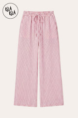 Flat lay of RELA RELA Pink pinstripe trousers, showing the soft powder pinstripe weave, elastic waistband and relaxed wide-leg silhouette on a clean white background.
