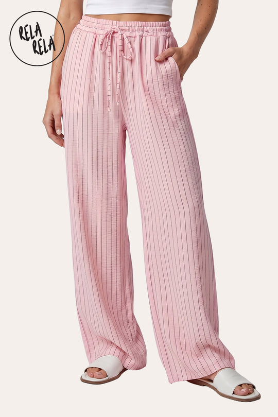 Elastic Waistband Relaxed Fit Pinstripe Trousers in Pink