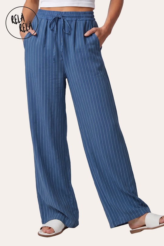 Elastic Waistband Relaxed Fit Pinstripe Trousers in Navy