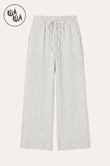 Flat lay of RELA RELA White pinstripe trousers, showing the clean tonal stripe, elastic waistband and relaxed wide-leg silhouette.