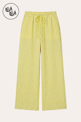 Flat lay of RELA RELA Yellow pinstripe trousers, showing the soft pastel pinstripe weave, elastic waistband and relaxed wide-leg silhouette on a clean white background.
