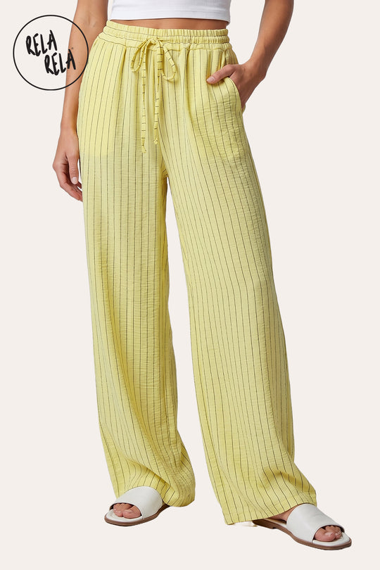 Elastic Waistband Relaxed Fit Pinstripe Trousers in Yellow