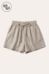 Flat lay of the Rela Rela Beige vertical striped flowy loungewear shorts with elastic waistband and two side pockets, showcasing the breathable faux linen texture and timeless stripe design.