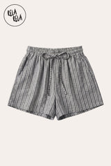 Flat lay of the Rela Rela Grey vertical striped flowy loungewear shorts with elastic waistband and two side pockets, showcasing the breathable faux linen texture and timeless stripe design.