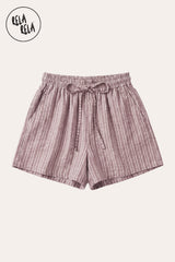 Flat lay of the Rela Rela Pink vertical striped flowy loungewear shorts with elastic waistband and two side pockets, showcasing the breathable faux linen texture and timeless stripe design.