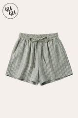 Flat lay of the Rela Rela Sage vertical striped flowy loungewear shorts with elastic waistband and two side pockets, showcasing the breathable faux linen texture and timeless stripe design.