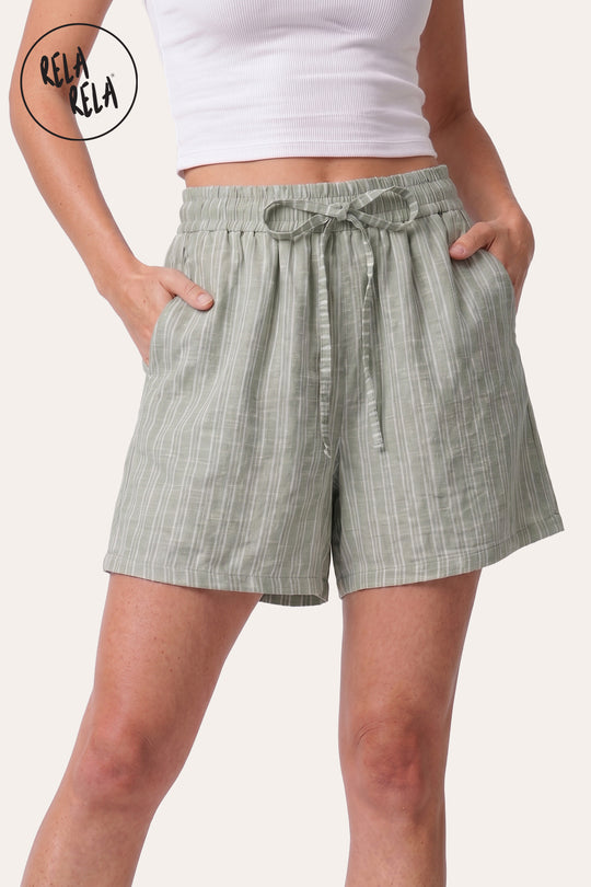 Vertical Striped Flowy Shorts with Elastic Waistband in Sage