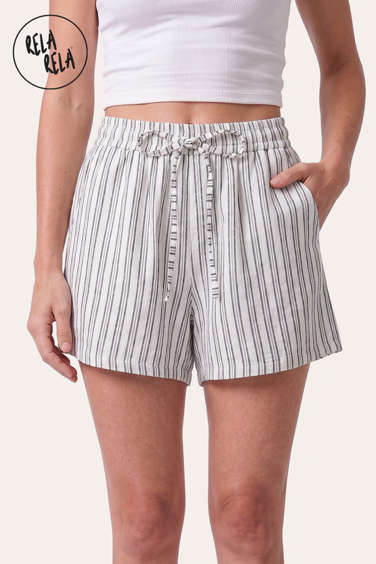 Vertical Striped Flowy Shorts with Elastic Waistband in White