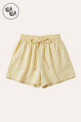 Flat lay of the Rela Rela Lemon vertical striped flowy loungewear shorts with elastic waistband and two side pockets, showcasing the breathable faux linen texture and timeless stripe design.