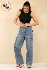 Cargo Jeans Denim Blue Straight Wide Leg Baggy Jeans