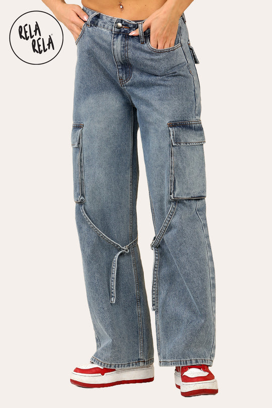 Cargo Jeans Denim Blue Straight Wide Leg Baggy Jeans