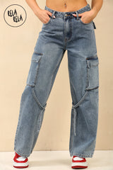 Cargo Jeans Denim Blue Straight Wide Leg Baggy Jeans