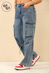 Cargo Jeans Denim Blue Straight Wide Leg Baggy Jeans