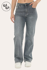 Viral Stretchy Diamond-Pattern Rhinestone Wide Leg Jeans in Denim Blue