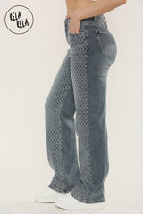 Viral Stretchy Diamond-Pattern Rhinestone Wide Leg Jeans in Denim Blue