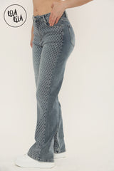 Viral Stretchy Diamond-Pattern Rhinestone Wide Leg Jeans in Denim Blue