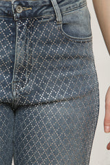 Viral Stretchy Diamond-Pattern Rhinestone Wide Leg Jeans in Denim Blue