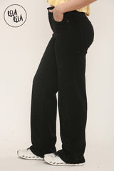 Viral Stretchy Diamond-Pattern Rhinestone Wide Leg Jeans in Black