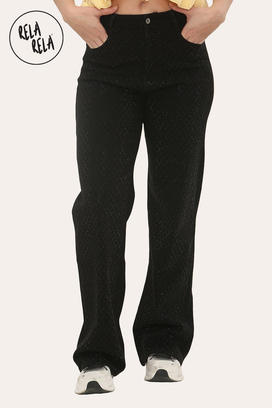 Viral Stretchy Diamond-Pattern Rhinestone Wide Leg Jeans in Black