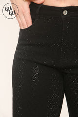 Viral Stretchy Diamond-Pattern Rhinestone Wide Leg Jeans in Black