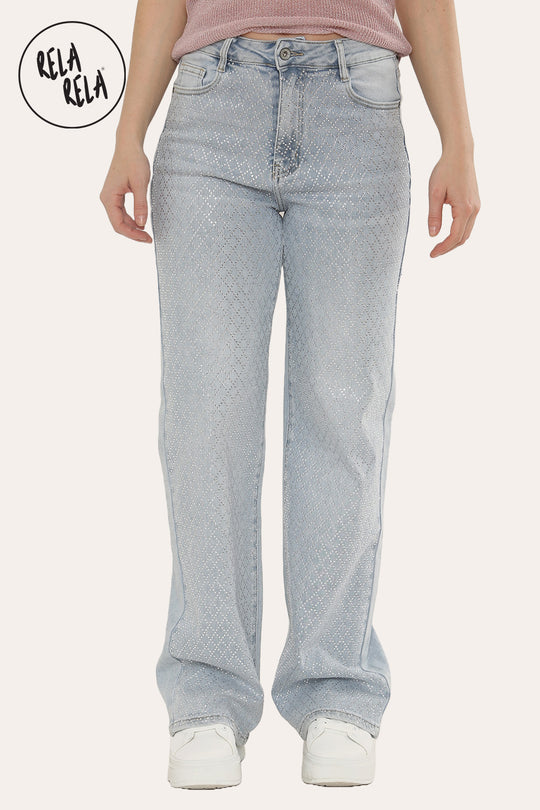 Viral Stretchy Diamond-Pattern Rhinestone Wide Leg Jeans in Light Blue