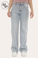 Viral Stretchy Diamond-Pattern Rhinestone Wide Leg Jeans in Light Blue