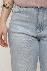 Viral Stretchy Diamond-Pattern Rhinestone Wide Leg Jeans in Light Blue