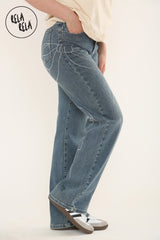 Viral Stretchy Relaxed Mid-Waist Rhinestone Bow Detail Jeans in Denim Blue