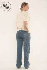 Viral Stretchy Relaxed Mid-Waist Rhinestone Bow Detail Jeans in Denim Blue