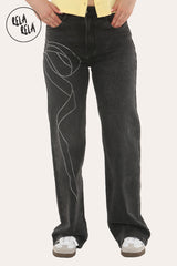 Viral Stretchy Relaxed Mid-Waist Rhinestone Bow Detail Jeans in Charcoal