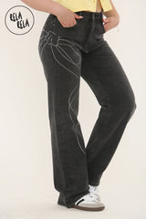Viral Stretchy Relaxed Mid-Waist Rhinestone Bow Detail Jeans in Charcoal