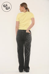 Viral Stretchy Relaxed Mid-Waist Rhinestone Bow Detail Jeans in Charcoal