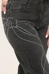Viral Stretchy Relaxed Mid-Waist Rhinestone Bow Detail Jeans in Charcoal