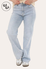 Viral Stretchy Relaxed Mid-Waist Rhinestone Bow Detail Jeans in Light Blue