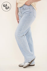 Viral Stretchy Relaxed Mid-Waist Rhinestone Bow Detail Jeans in Light Blue