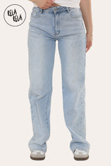 front view of Light blue diamante jeans with wide leg fit and mid waist design