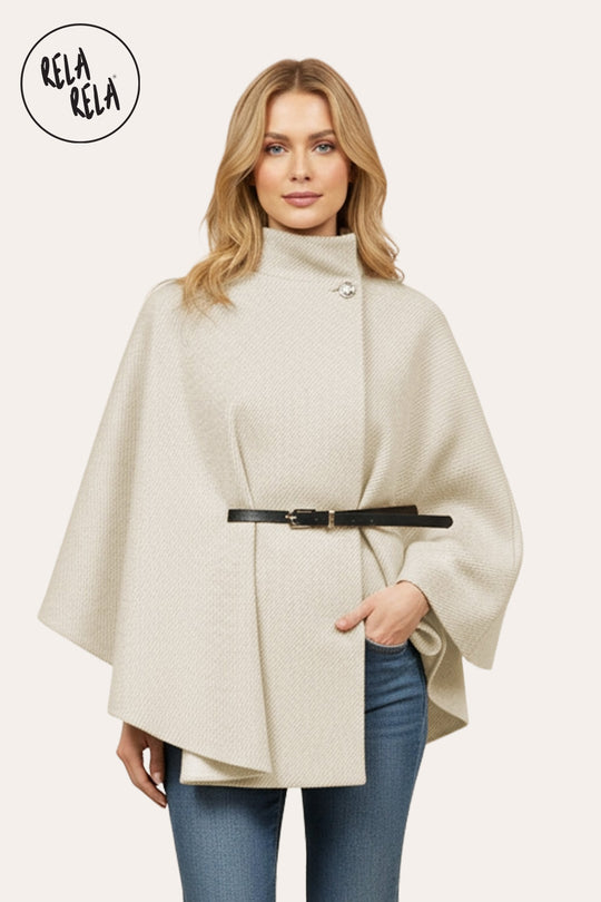 Belted High Neck Poncho Cape Jacket with Button Detail in Beige