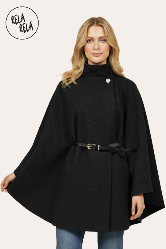 Belted High Neck Poncho Cape Jacket with Button Detail in Black